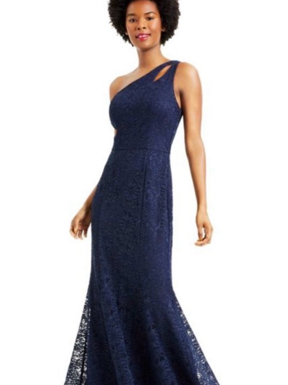 bcx navy blue one shoulder lace mermaid formal gown size 15 prom dress